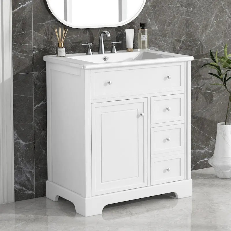 Mobile bagno bianco a lavabo singolo con lavello in ceramica, 1 anta e 2 cassetti