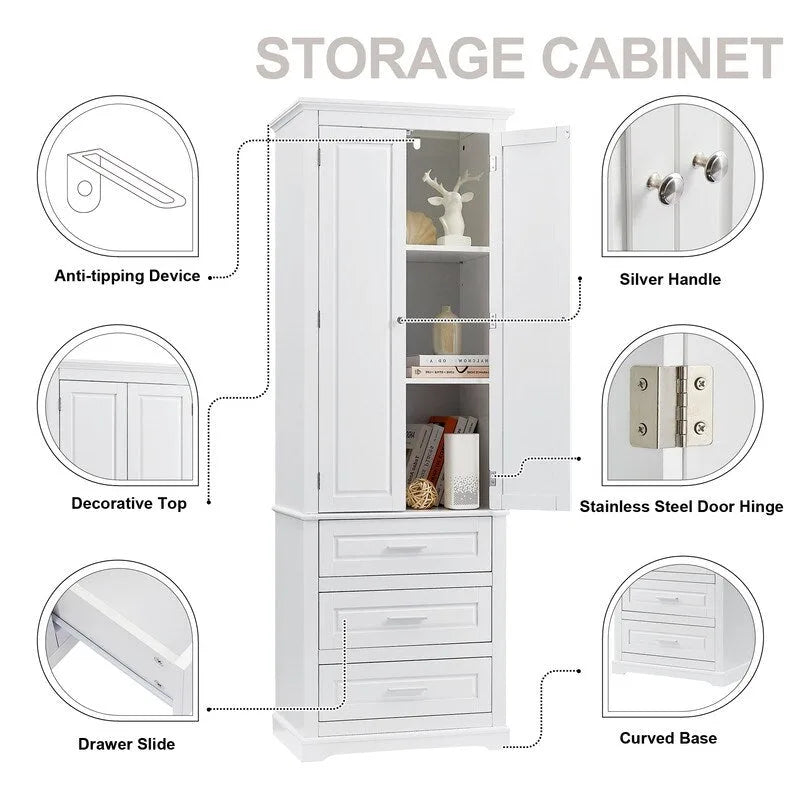 Mobiletto contenitore freestanding bianco / nero / grigio, 2 ante 3 cassetti, montaggio in 1 persona