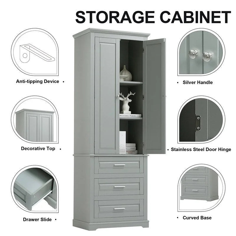 Mobiletto contenitore freestanding bianco / nero / grigio, 2 ante 3 cassetti, montaggio in 1 persona
