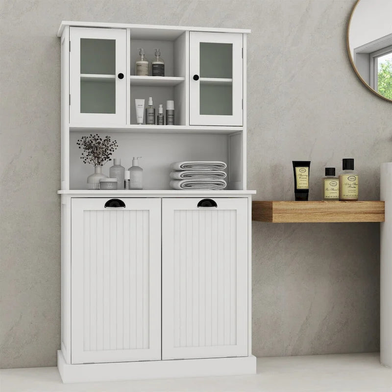 Mobile bagno alto a 2 scomparti inclinabili per la biancheria, stile moderno bianco