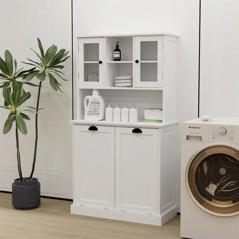 Mobile bagno alto a 2 scomparti inclinabili per la biancheria, stile moderno bianco