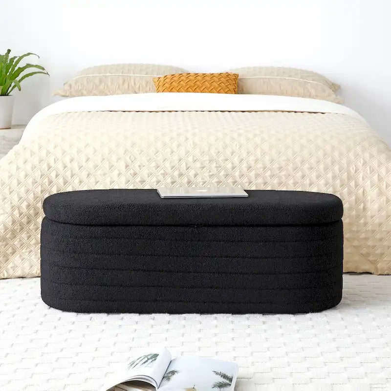 Panca contenitore imbottita in sherpa beige/nero – Pouf plissettato, 1 posto