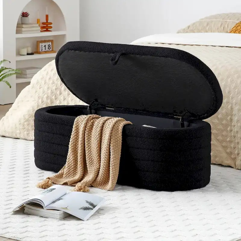Panca contenitore imbottita in sherpa beige/nero – Pouf plissettato, 1 posto