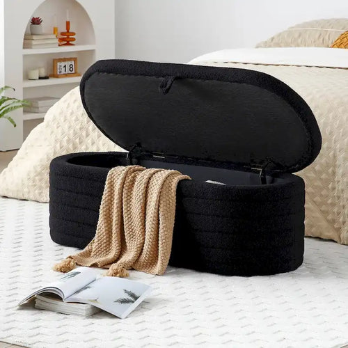 Panca contenitore imbottita in sherpa beige/nero – Pouf plissettato, 1 posto
