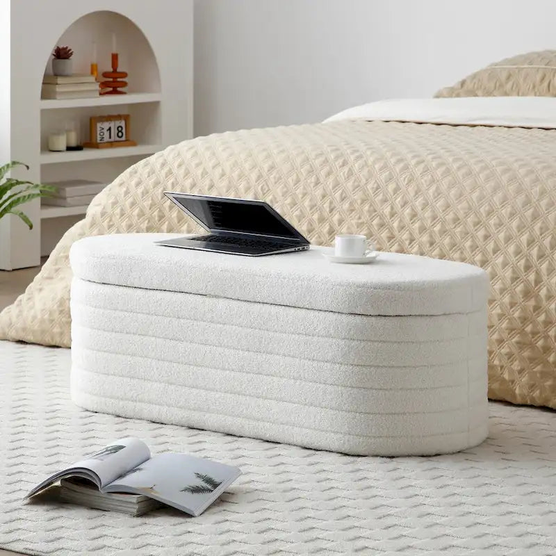 Panca contenitore imbottita in sherpa beige/nero – Pouf plissettato, 1 posto