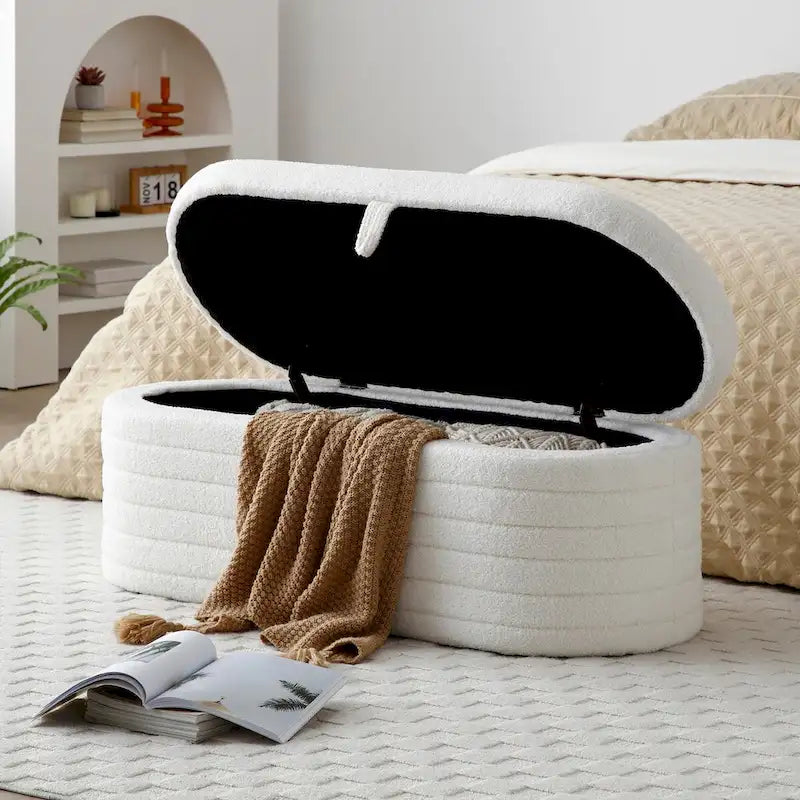Panca contenitore imbottita in sherpa beige/nero – Pouf plissettato, 1 posto