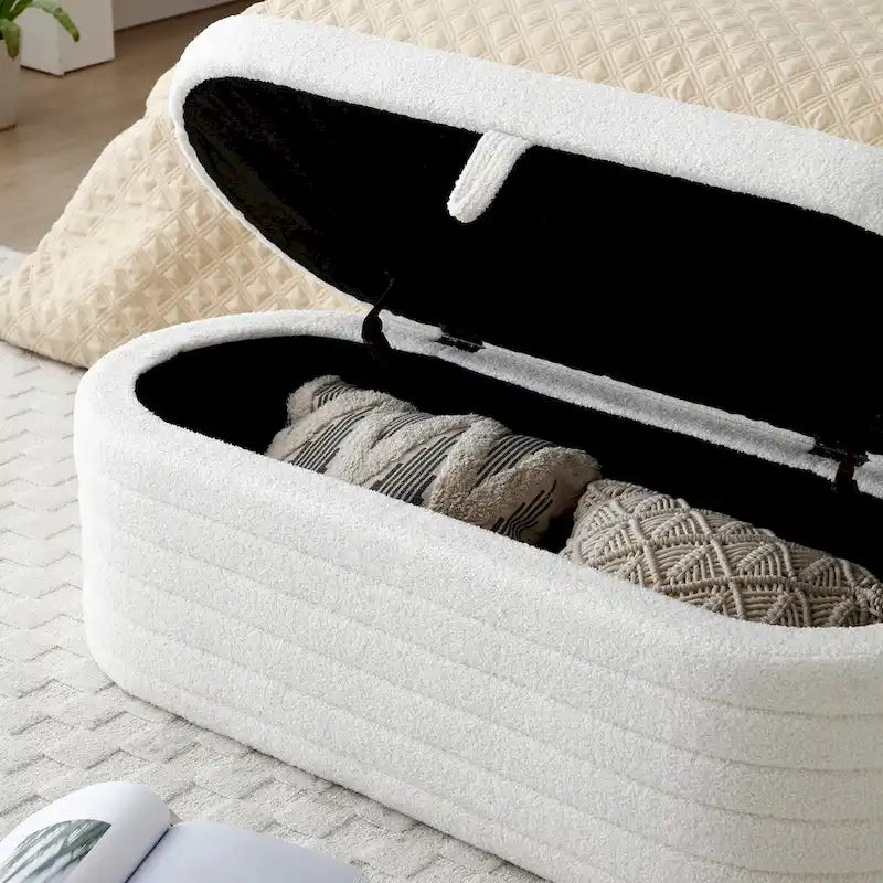 Panca contenitore imbottita in sherpa beige/nero – Pouf plissettato, 1 posto