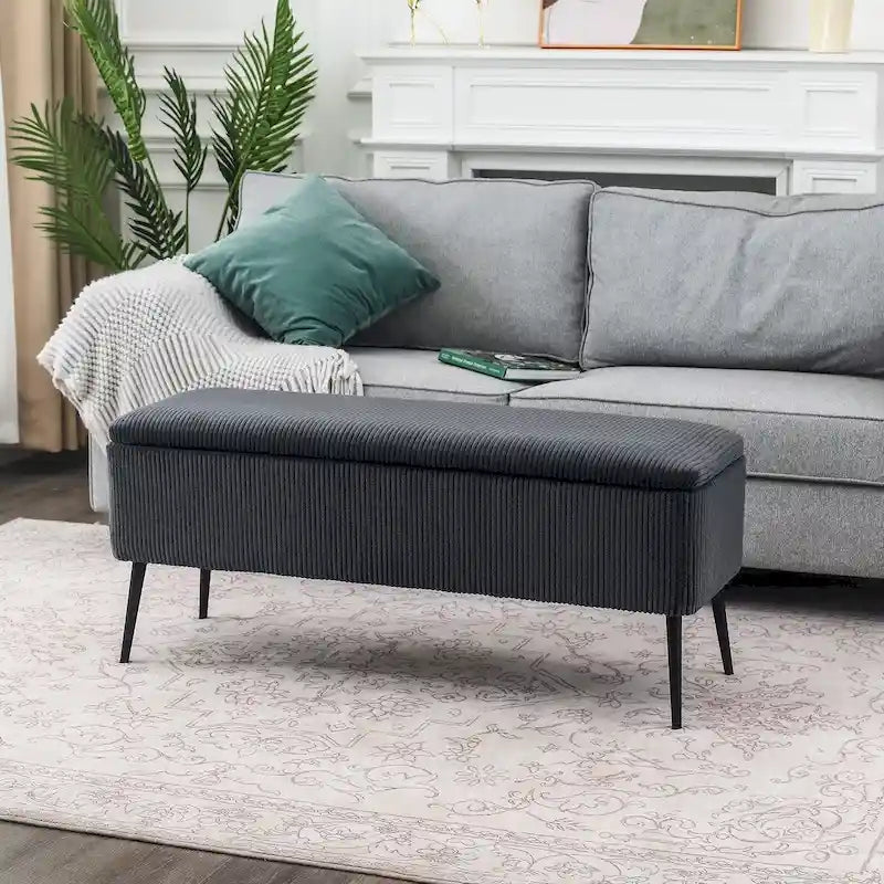 Panca contenitore in velluto a righe grigio scuro/arancio rosato, 1-2 posti, 112 cm