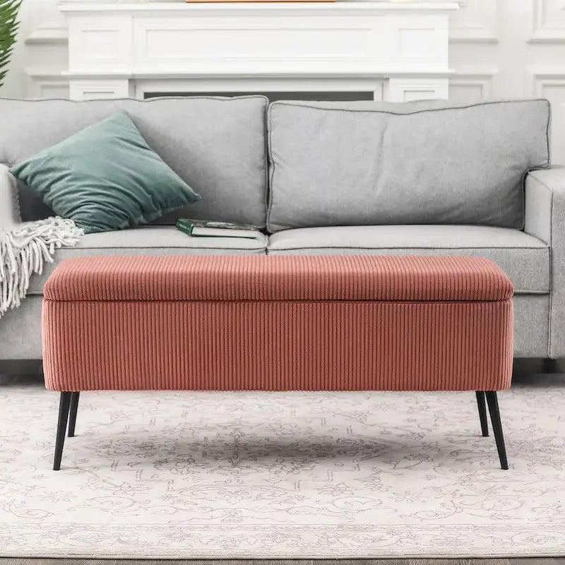 Panca contenitore in velluto a righe grigio scuro/arancio rosato, 1-2 posti, 112 cm