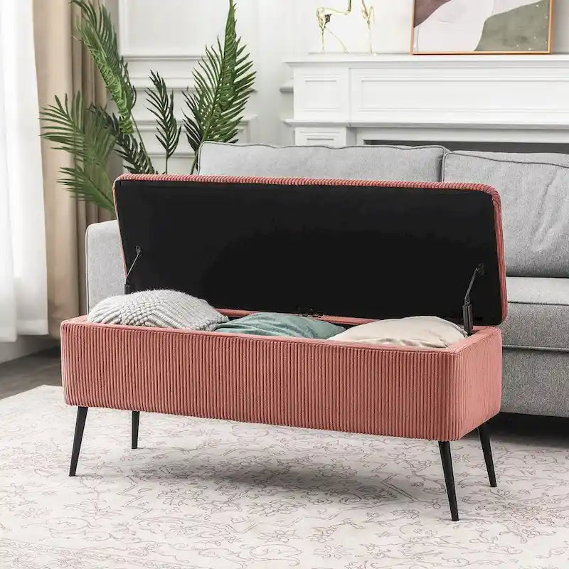 Panca contenitore in velluto a righe grigio scuro/arancio rosato, 1-2 posti, 112 cm