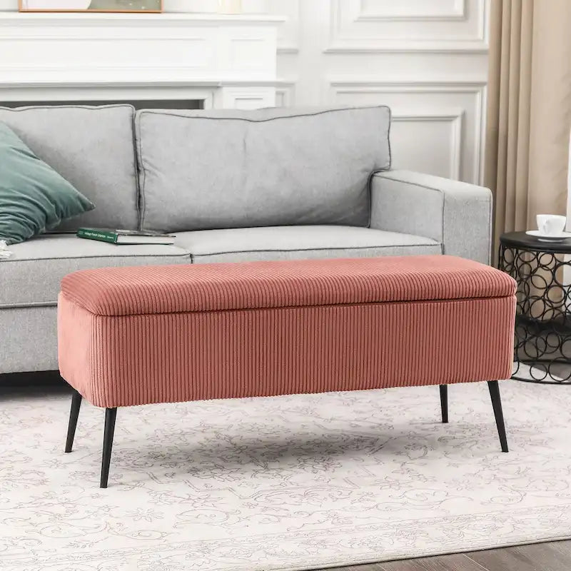 Panca contenitore in velluto a righe grigio scuro/arancio rosato, 1-2 posti, 112 cm