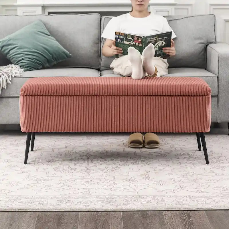 Panca contenitore in velluto a righe grigio scuro/arancio rosato, 1-2 posti, 112 cm