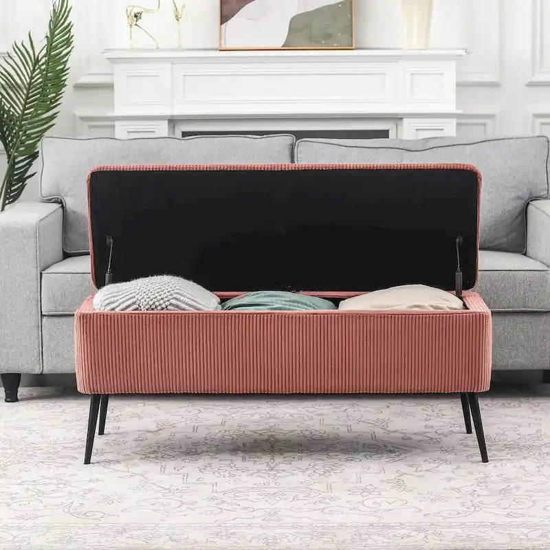 Panca contenitore in velluto a righe grigio scuro/arancio rosato, 1-2 posti, 112 cm