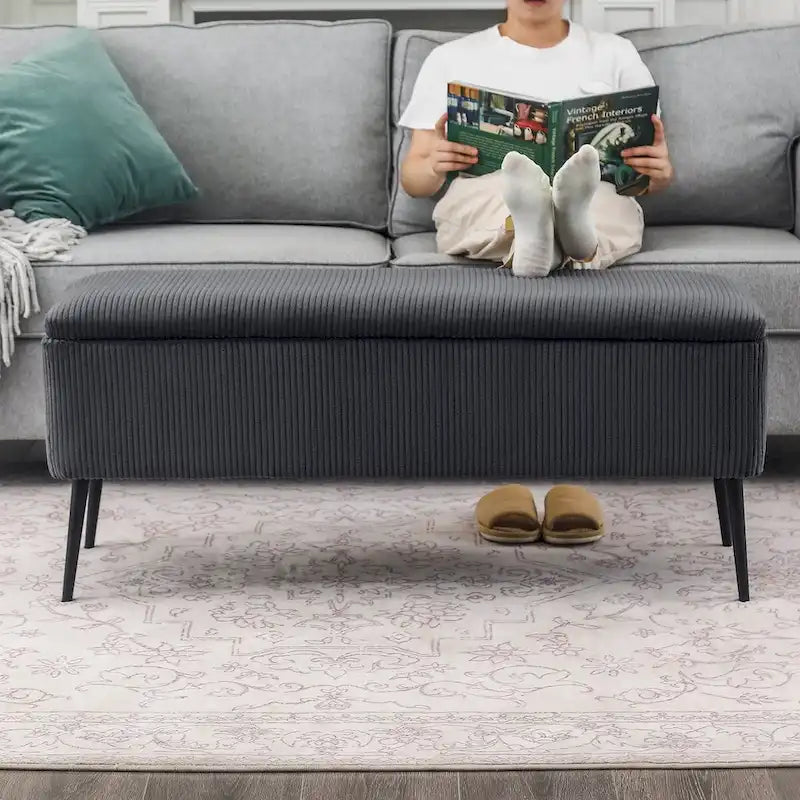 Panca contenitore in velluto a righe grigio scuro/arancio rosato, 1-2 posti, 112 cm