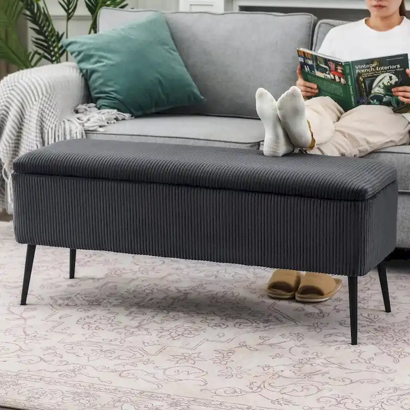 Panca contenitore in velluto a righe grigio scuro/arancio rosato, 1-2 posti, 112 cm