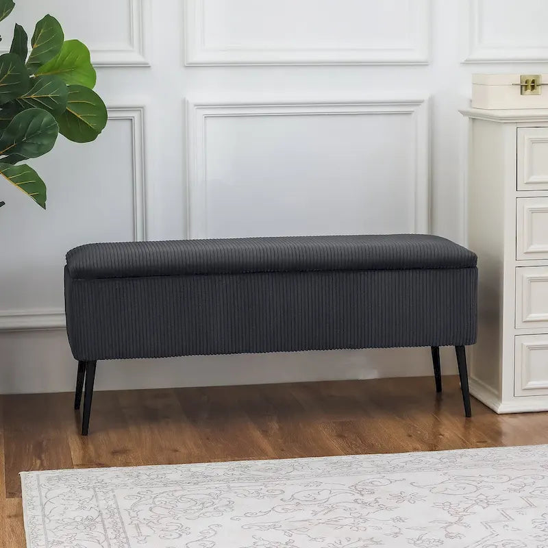 Panca contenitore in velluto a righe grigio scuro/arancio rosato, 1-2 posti, 112 cm