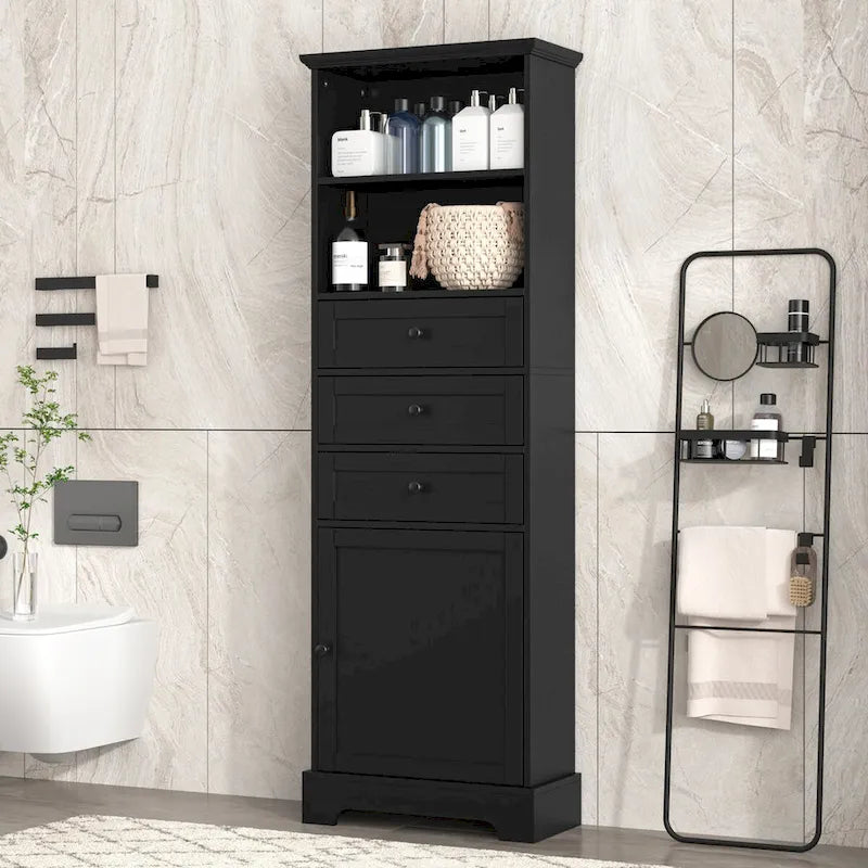 Mobile contenitore alto con finitura in legno nero, 3 cassetti e ripiani regolabili, per 1 persona