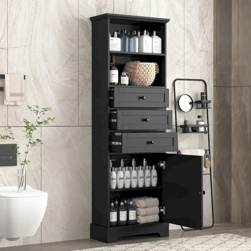 Mobile contenitore alto con finitura in legno nero, 3 cassetti e ripiani regolabili, per 1 persona