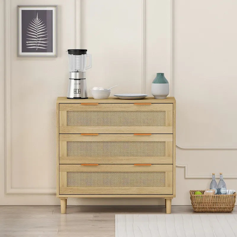 Cassettiera a 3 cassetti in rattan lucido in rovere