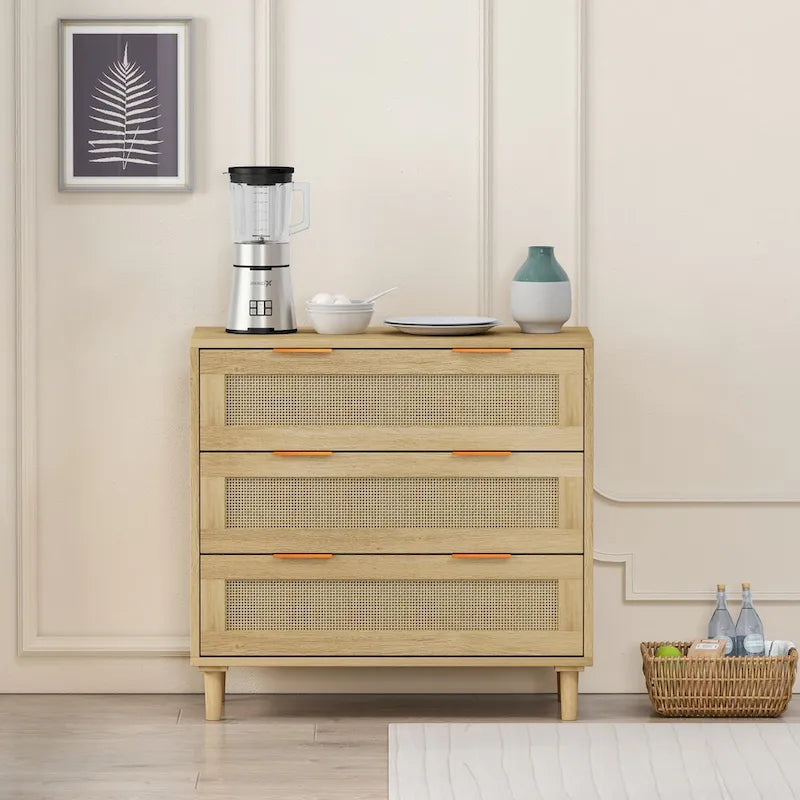 Roomfitters 31.50 Oak Rattan 3-Drawer Storage Cabinet for Bedroom, Living Room, and Hallways