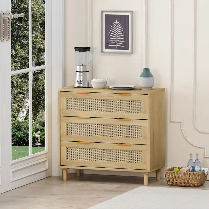 Cassettiera a 3 cassetti in rattan lucido in rovere