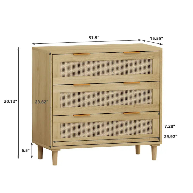 Cassettiera a 3 cassetti in rattan lucido in rovere
