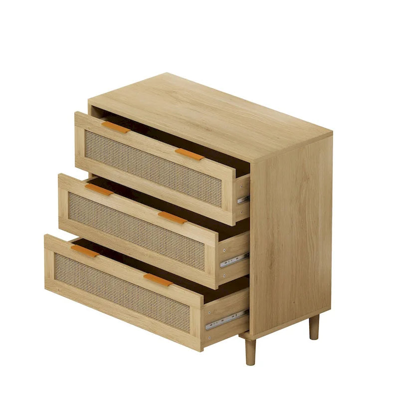 Cassettiera a 3 cassetti in rattan lucido in rovere